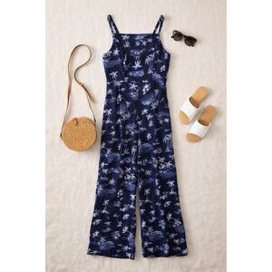 Old Navy Tropical Palm Tree Cropped Wide Leg Navy Jumpsuit Resortwear summer M